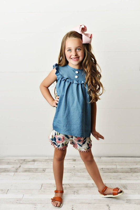 Jean Floral Ruffle Button Summer Two Piece Set: 10/12