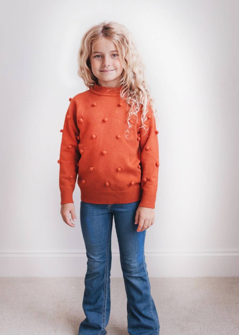 Adorable Sweetness - Kids Rust Pom Pom Fall Winter Crew Neck Sweater: 10/12