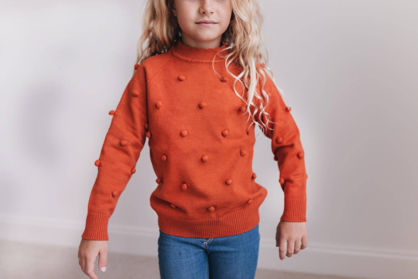 Adorable Sweetness - Kids Rust Pom Pom Fall Winter Crew Neck Sweater: 10/12