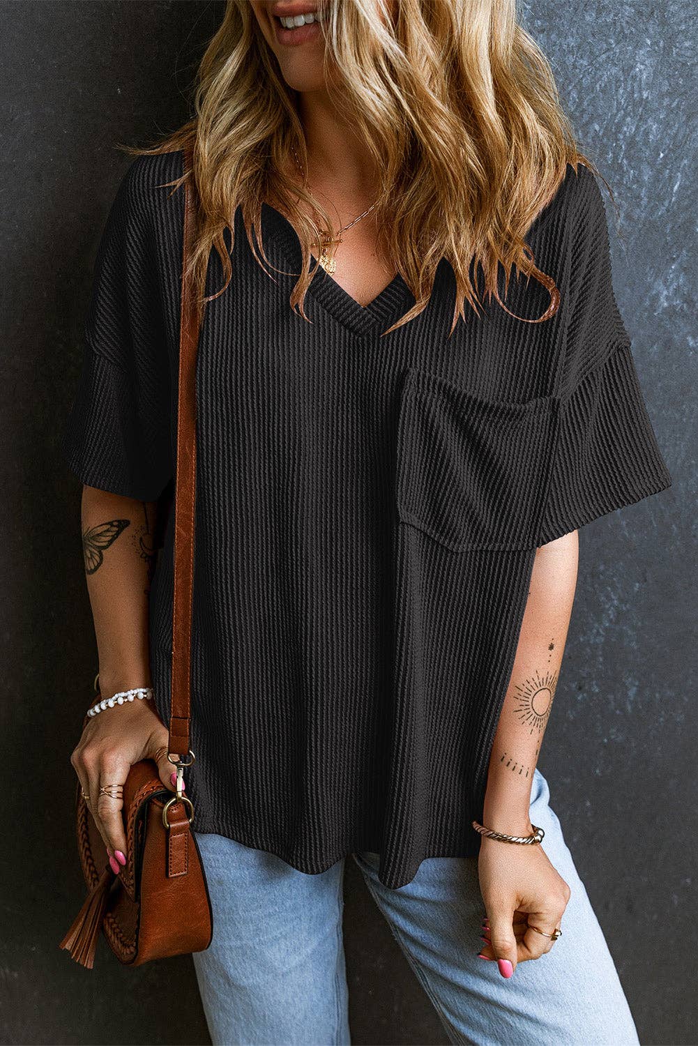 Corded Short Sleeve Pocketed T-Shirt: