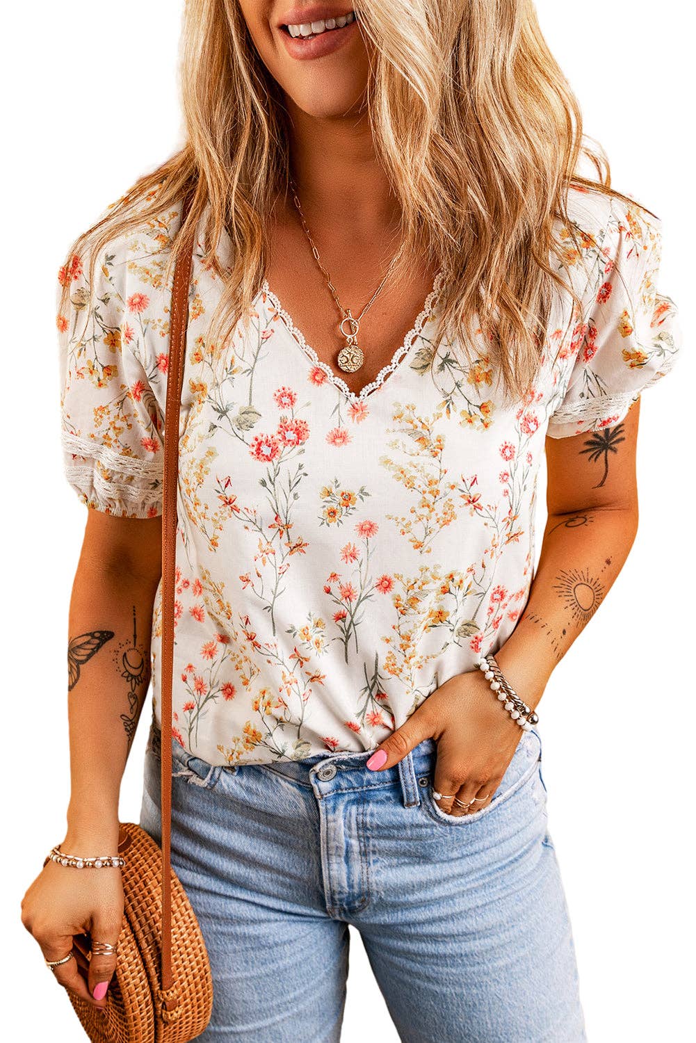 Floral Lace Trim Puff Sleeve Blouse: Beige