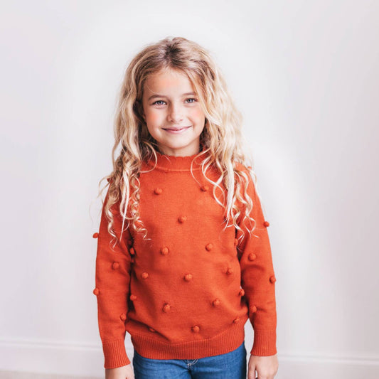 Adorable Sweetness - Kids Rust Pom Pom Fall Winter Crew Neck Sweater: 10/12