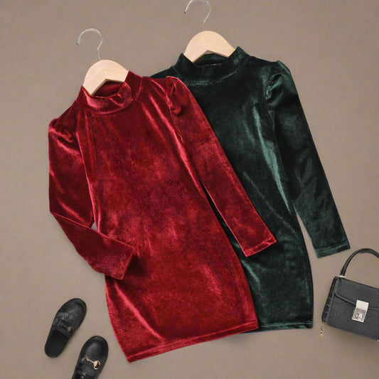 Mock Neck Puff-sleeve Velvet Dress